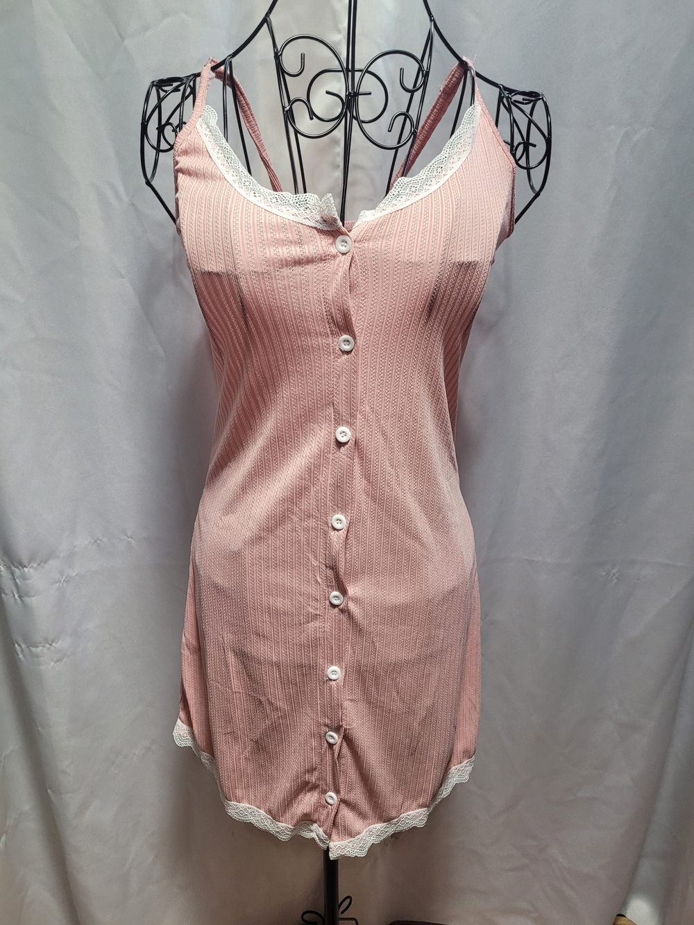 Amazon Pink Ribbed Lace-Trim Button-Front Chemise